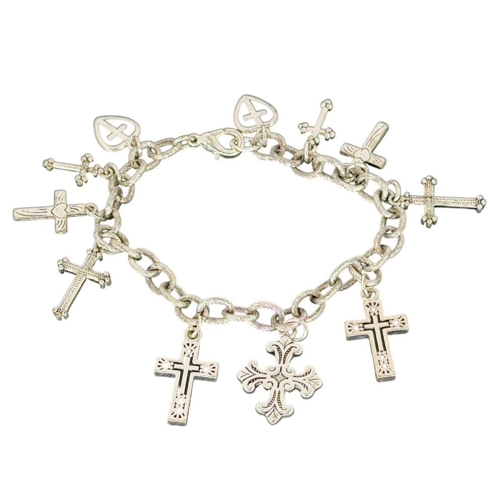 Vintage Premier Designs Multi Cross Charm Bracelet Silver Tone Goth Punk Y2K